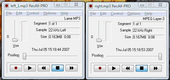 two instances of RecAll-PRO recording separate channels